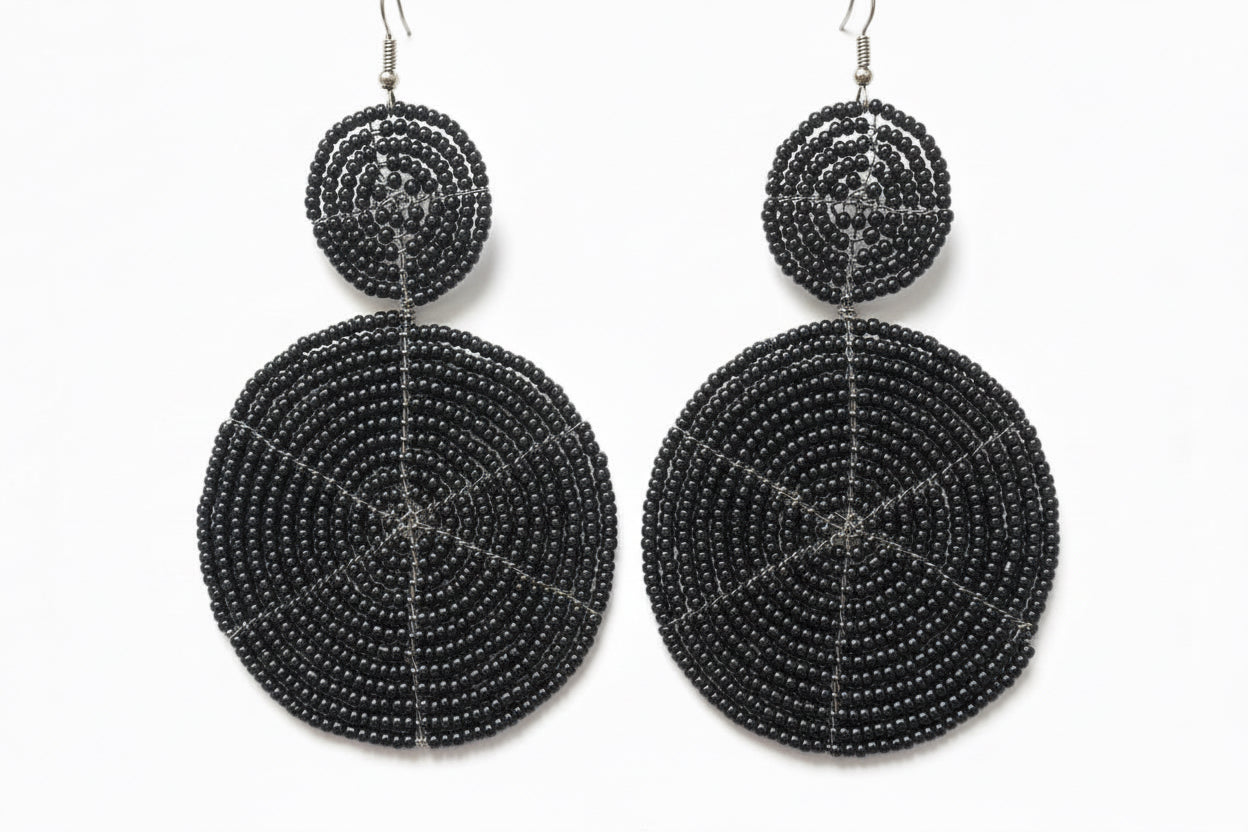 Black 3 Hoop Beads Earrings